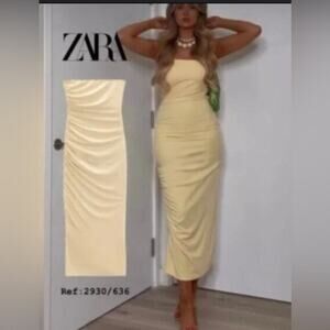 Zara Pale Yellow Ruched Strapless Midi Dress